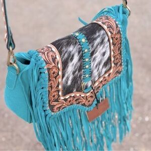 Turquoise Suede And Genuine Cowhide Leather Crossbody Purse With Fringe